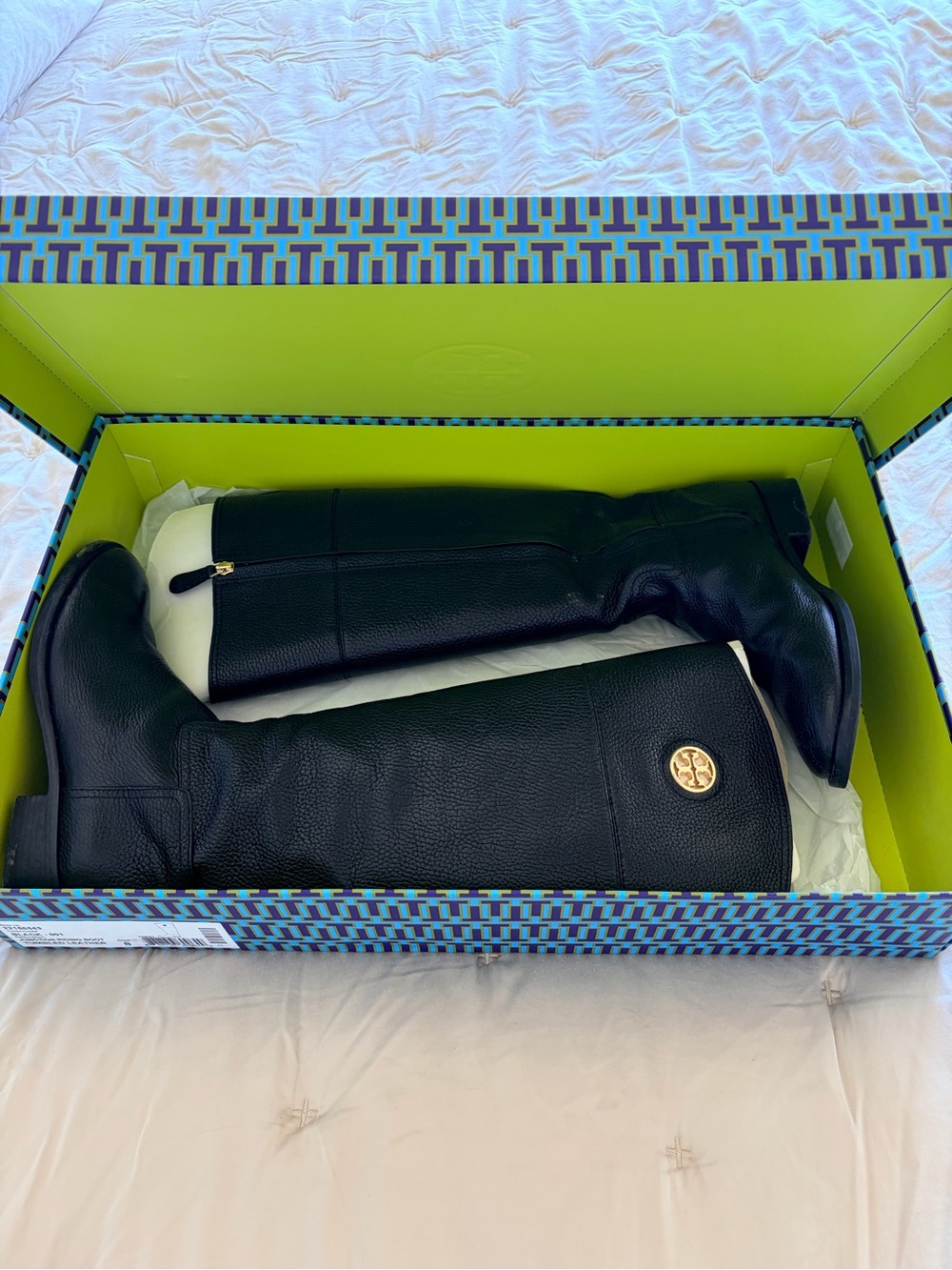 Tory Burch Black Leather Tall Riding Boots with Gold Logo